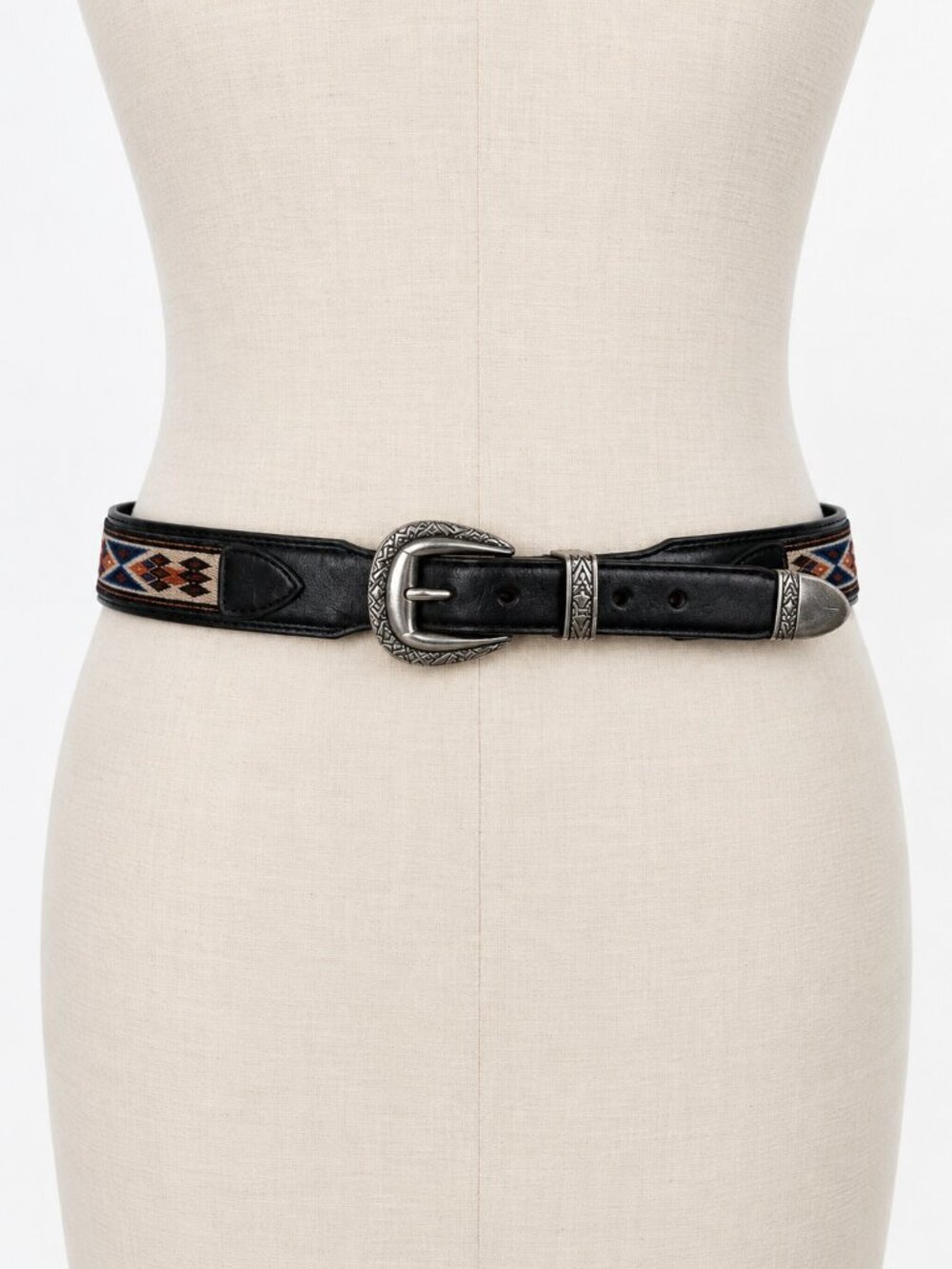 Brighton Onyx Western Belt 32 Southwestern Woven Pattern Black Leather Silver